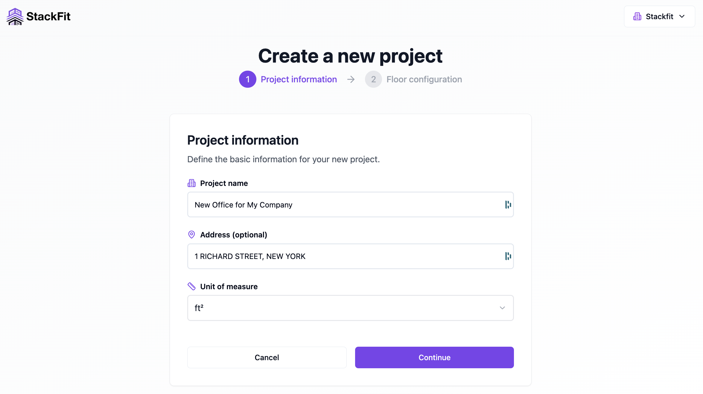 Create Project Page on Stackfit