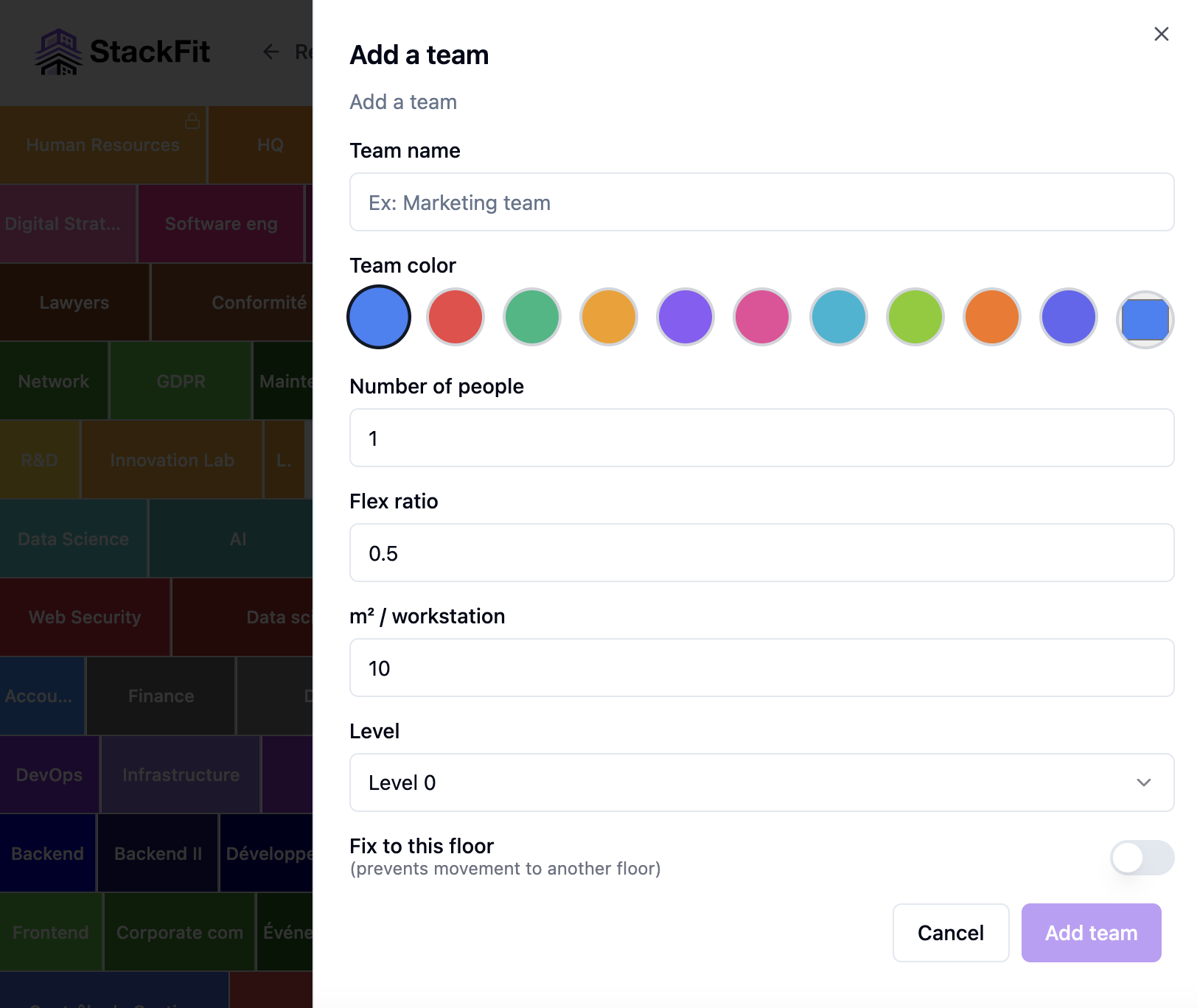 Team management interface - Space and constraint configuration