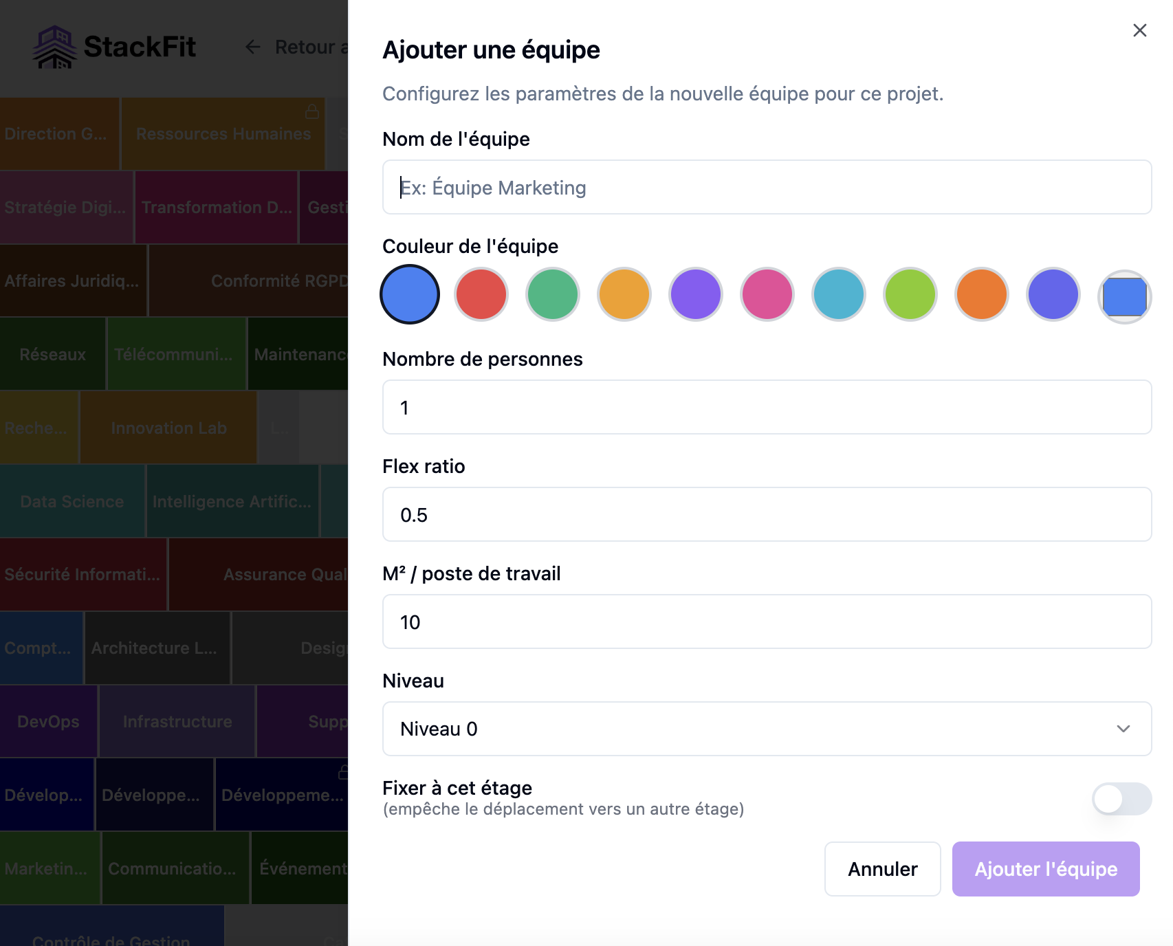 Interface de gestion des équipes - Configuration des espaces et contraintes
