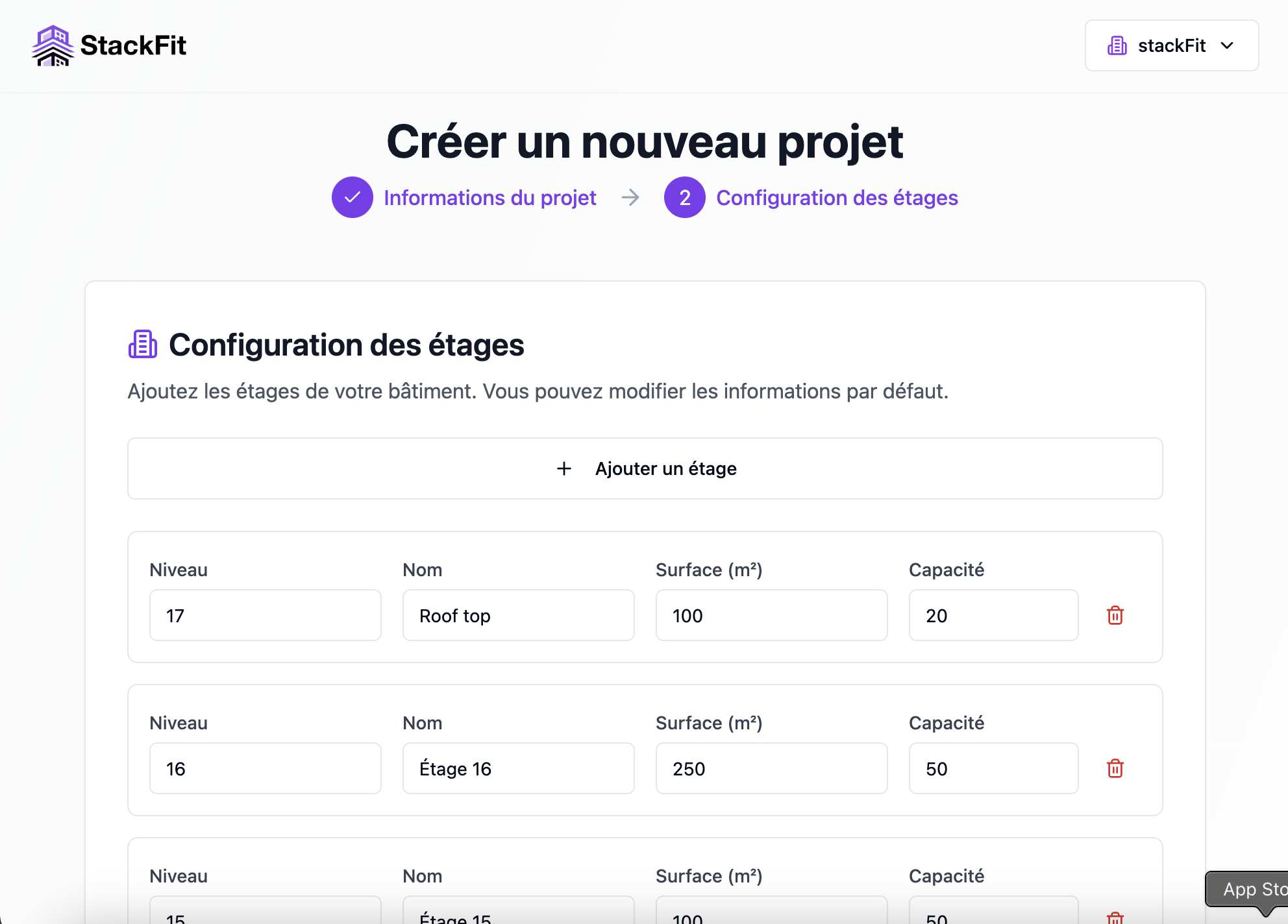 Interface de modélisation du bâtiment - Création de structure par étages